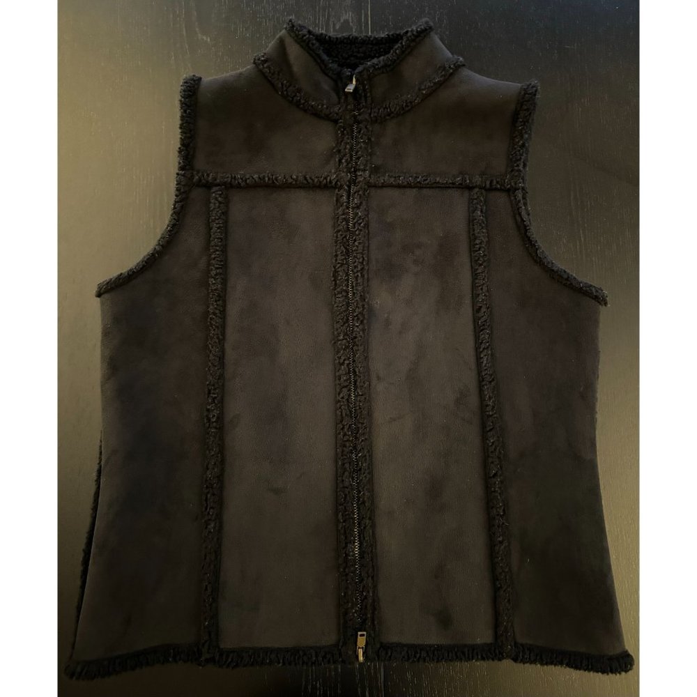 Liz Claiborne Faux Suede Sherpa Lined Vest Womens Small Petite Black Full Zip
